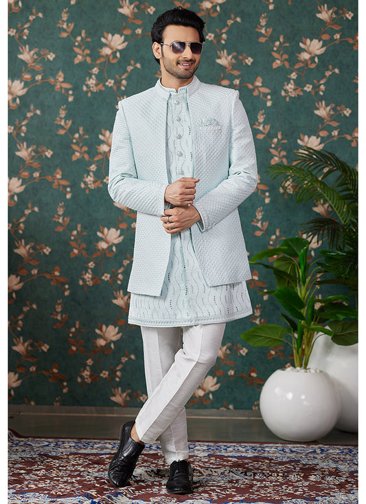 Art Silk Pista Green Groom Wear Thread Work Readymade Sherwani 364154