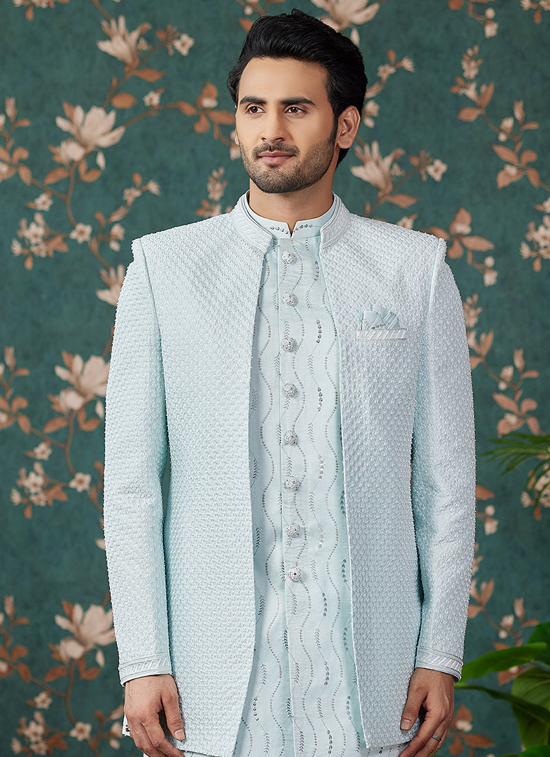Art Silk Pista Green Groom Wear Thread Work Readymade Sherwani 364154