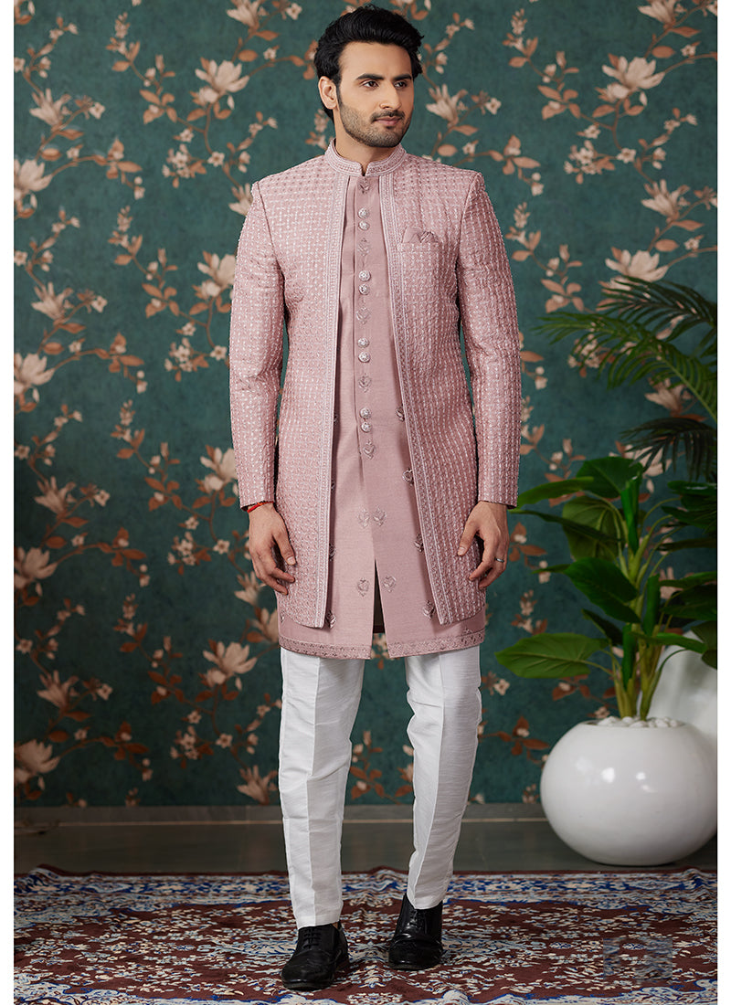 Art Silk Peach Groom Wear Thread Work Readymade Sherwani 364155