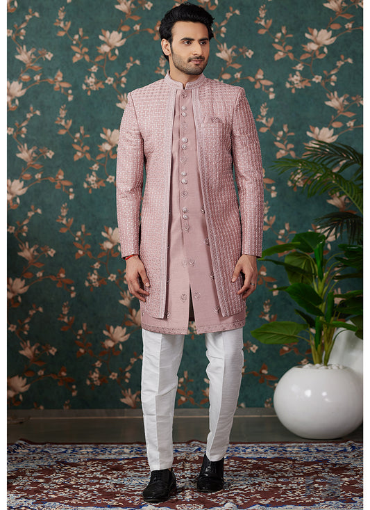Art Silk Peach Groom Wear Thread Work Readymade Sherwani 364155