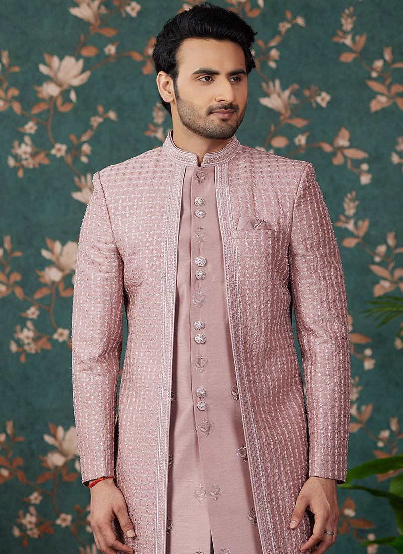 Art Silk Peach Groom Wear Thread Work Readymade Sherwani 364155
