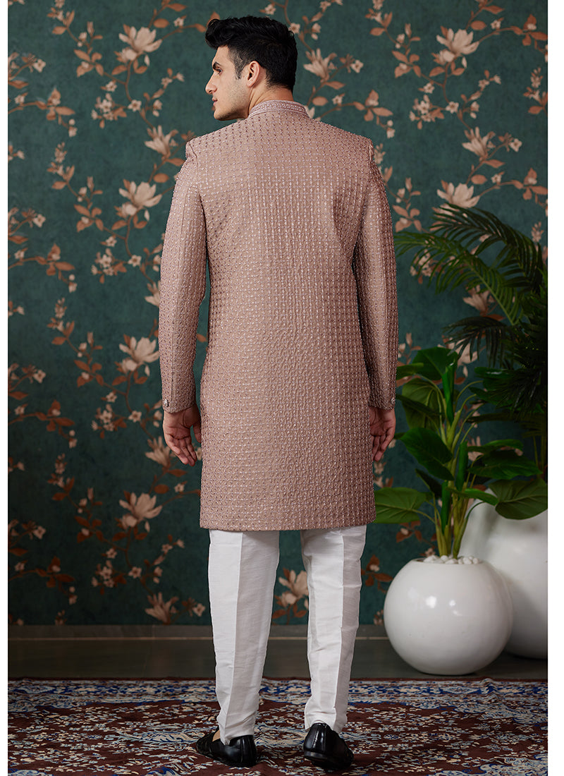 Art Silk Light Brown Groom Wear Thread Work Readymade Sherwani 364156