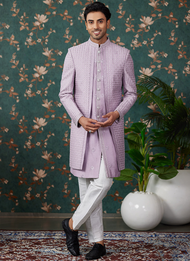 Art Silk Light Purple Groom Wear Thread Work Readymade Sherwani 364157