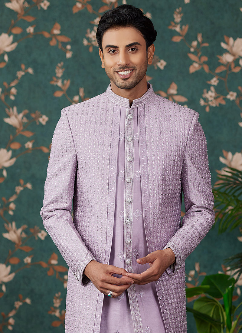 Art Silk Light Purple Groom Wear Thread Work Readymade Sherwani 364157