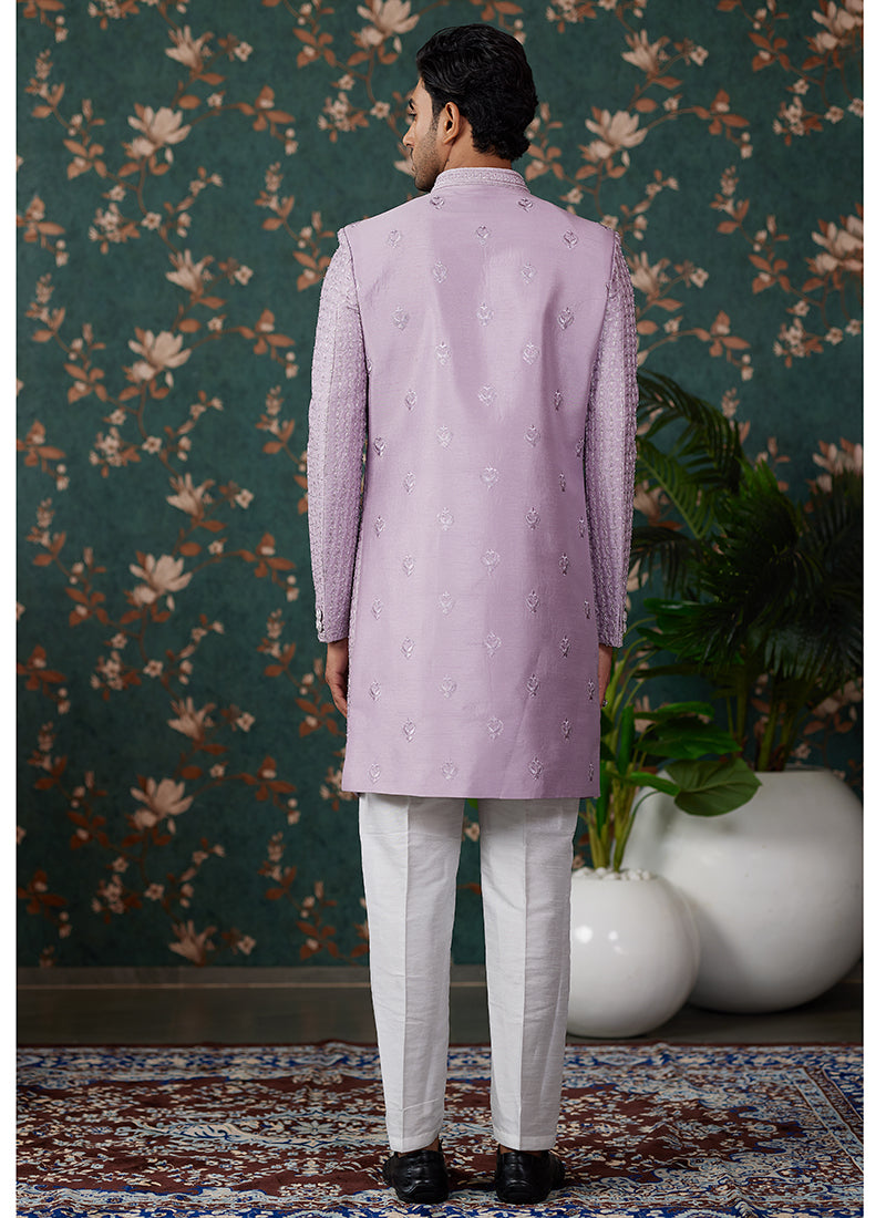 Art Silk Light Purple Groom Wear Thread Work Readymade Sherwani 364157