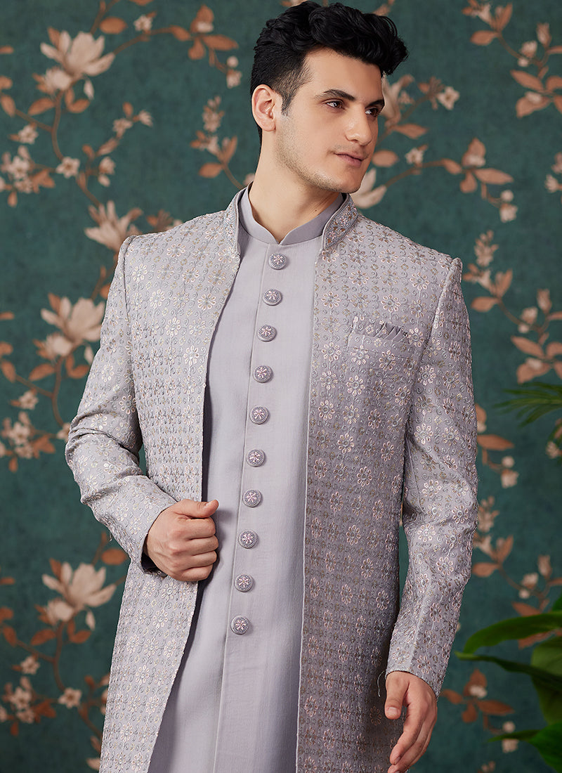 Art Silk Grey Wedding Wear Thread Work Readymade Sherwani 364159