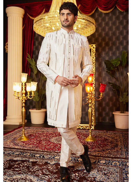 Art Silk Cream Wedding Wear Thread Work Readymade Indo Western Sherwani 364317
