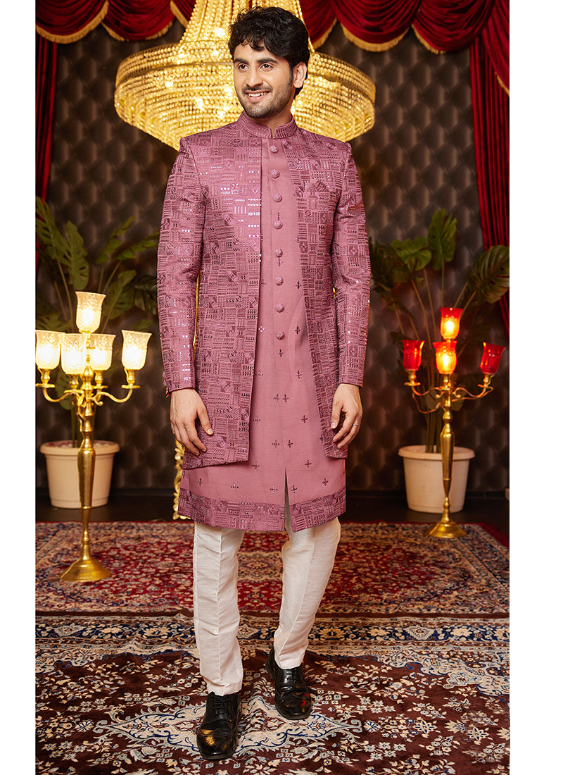 Art Silk Pink Wedding Wear Thread Work Readymade Indo Western Sherwani 364320