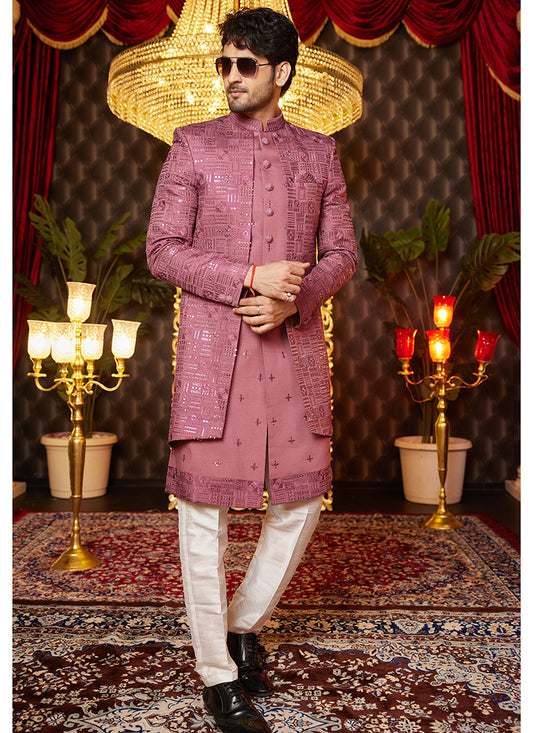 Art Silk Pink Wedding Wear Thread Work Readymade Indo Western Sherwani 364320