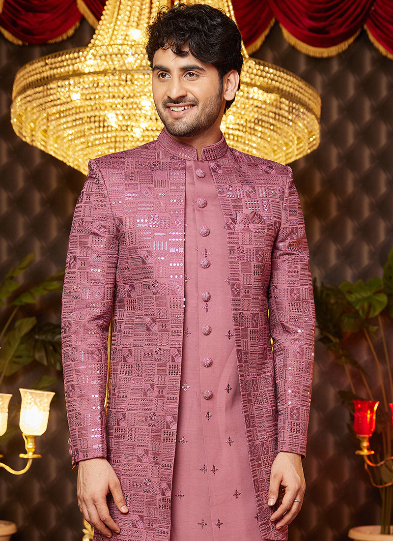 Art Silk Pink Wedding Wear Thread Work Readymade Indo Western Sherwani 364320