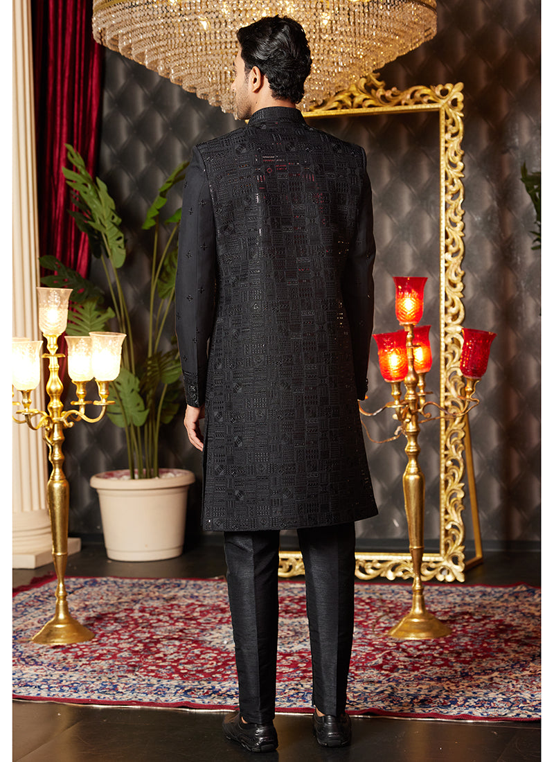 Art Silk Black Wedding Wear Thread Work Readymade Indo Western Sherwani 364321