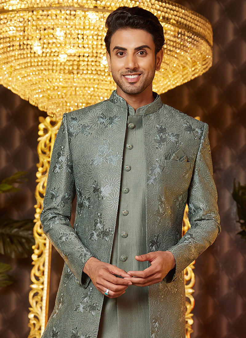 Art Silk Green Wedding Wear Thread Work Readymade Indo Western Sherwani 364322