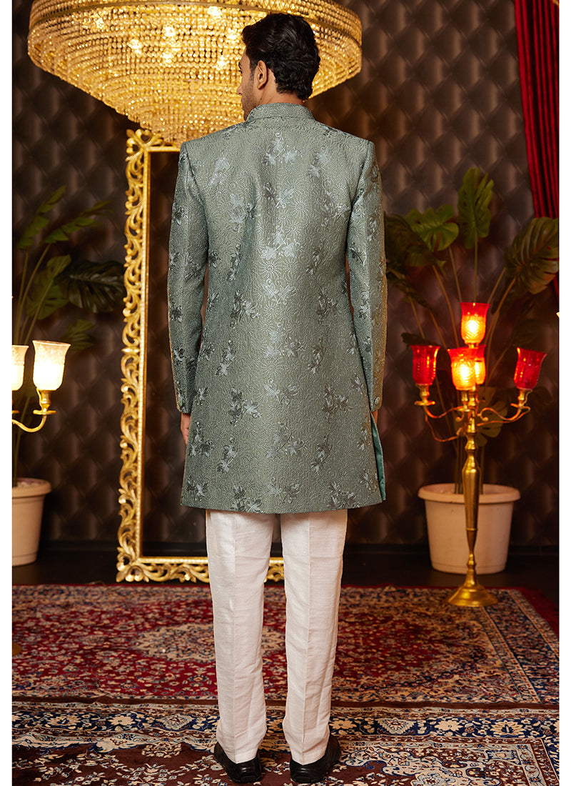 Art Silk Green Wedding Wear Thread Work Readymade Indo Western Sherwani 364322