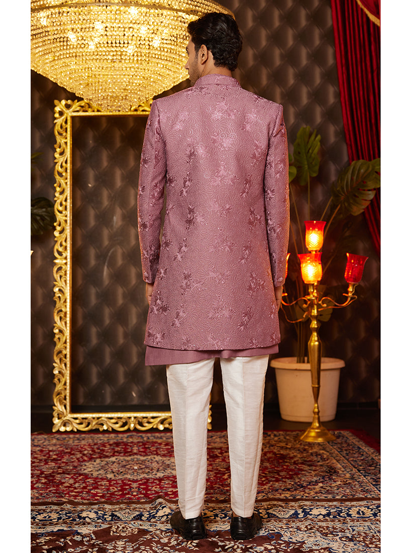 Art Silk Pink Wedding Wear Thread Work Readymade Indo Western Sherwani 364323
