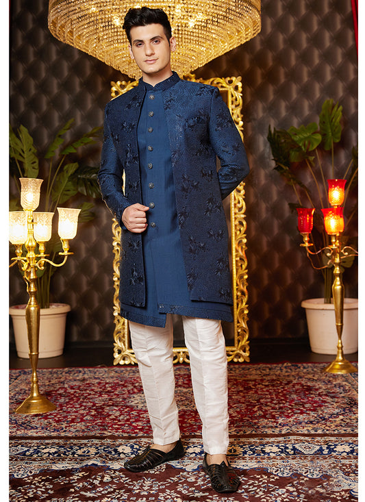 Art Silk Blue Wedding Wear Thread Work Readymade Indo Western Sherwani 364324