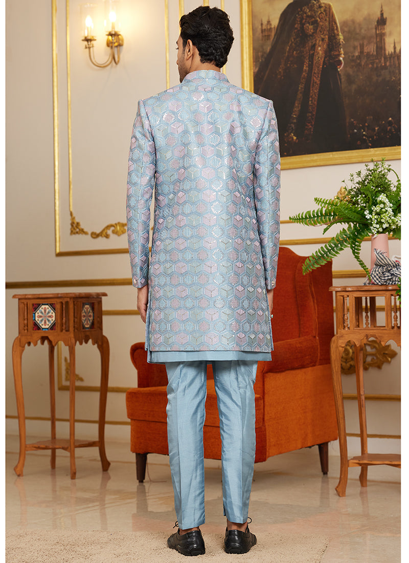 Art Silk Sky Blue Wedding Wear Thread Work Readymade Indo Western Sherwani 366862