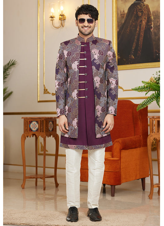 Art Silk Multi Color Wedding Wear Thread Work Readymade Indo Western Sherwani 366865