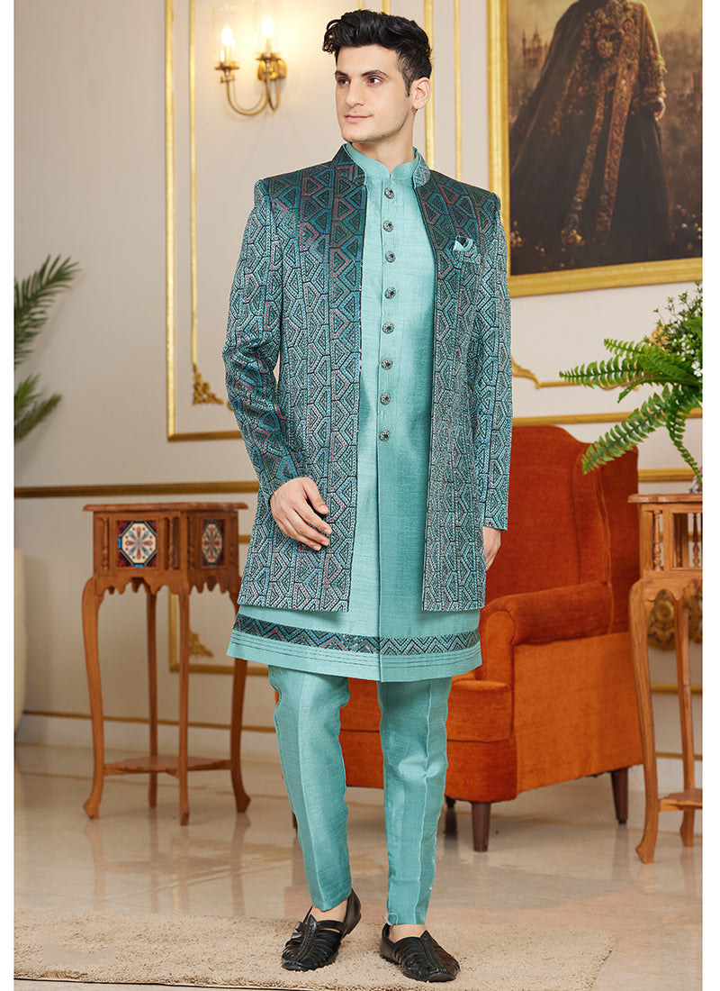 Art Silk Blue Wedding Wear Thread Work Readymade Indo Western Sherwani 366866