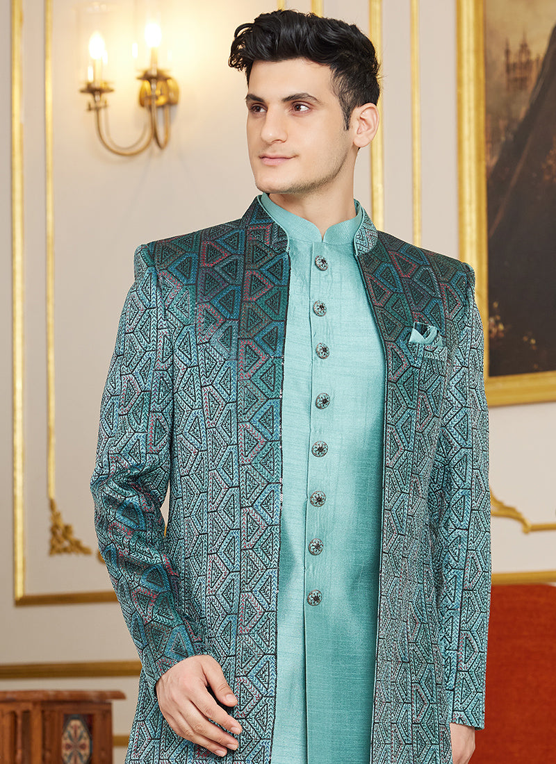 Art Silk Blue Wedding Wear Thread Work Readymade Indo Western Sherwani 366866