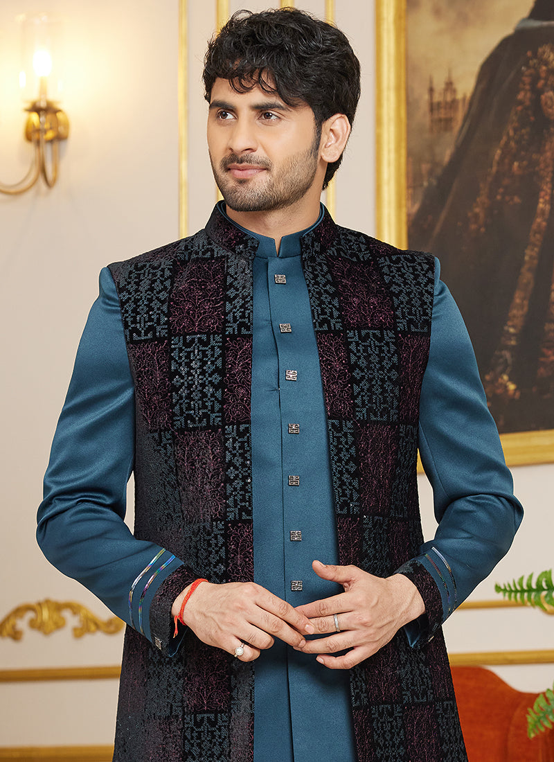 Art Silk Blue Wedding Wear Thread Work Readymade Indo Western Sherwani 366869