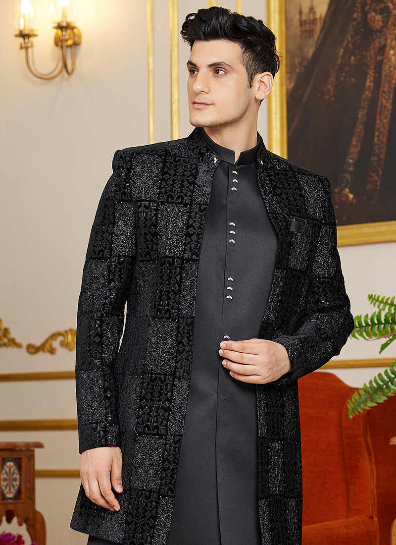 Art Silk Black Wedding Wear Thread Work Readymade Indo Western Sherwani 366870