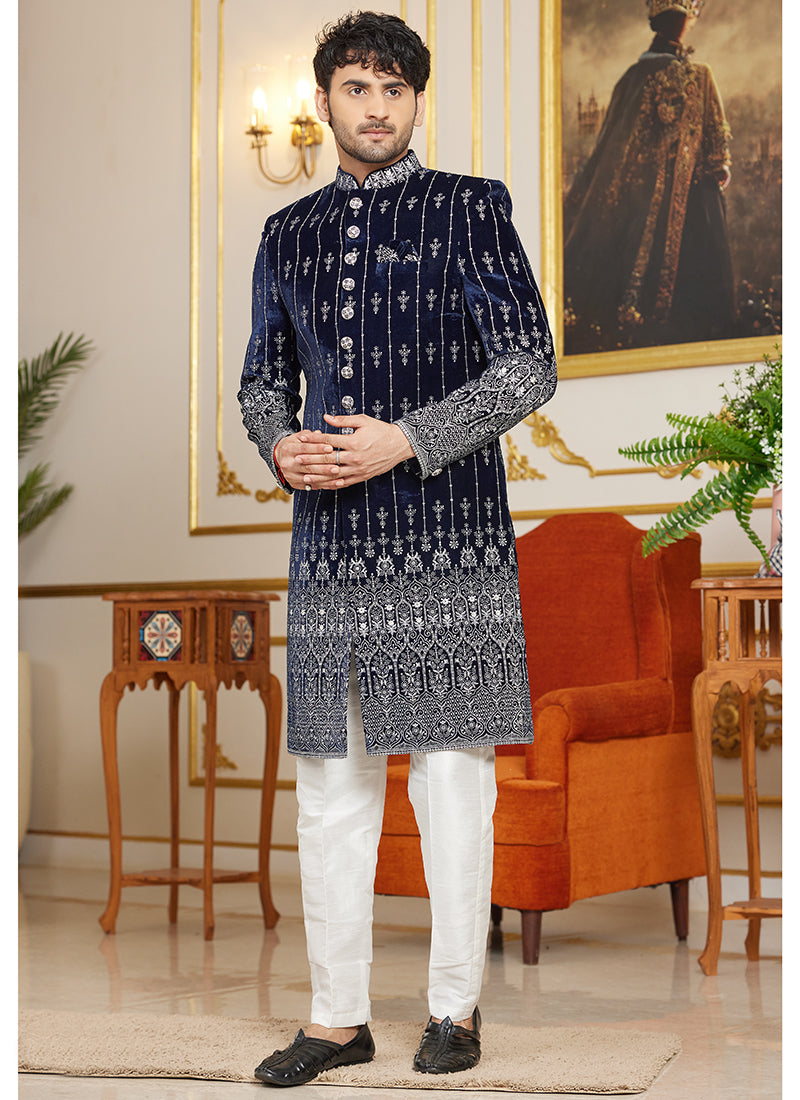 Art Silk Navy Blue Wedding Wear Thread Work Readymade Indo Western Sherwani 366872