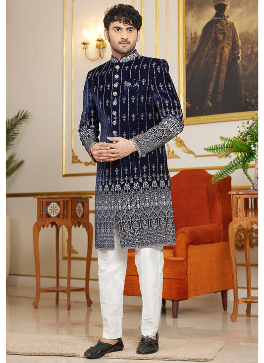Art Silk Navy Blue Wedding Wear Thread Work Readymade Indo Western Sherwani 366872