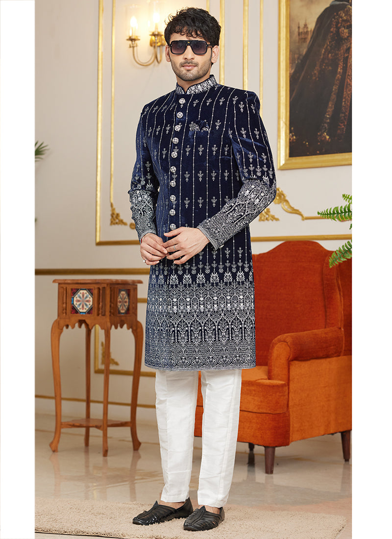 Art Silk Navy Blue Wedding Wear Thread Work Readymade Indo Western Sherwani 366872