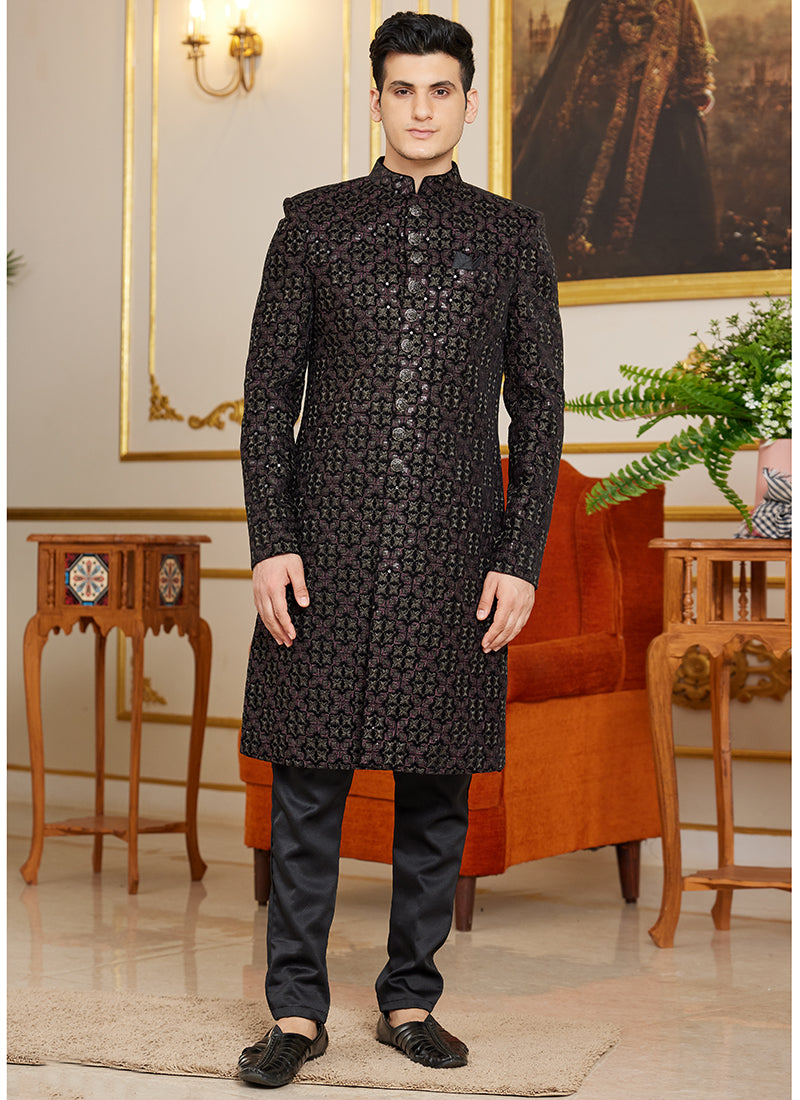 Art Silk Black Wedding Wear Thread Work Readymade Indo Western Sherwani 366874