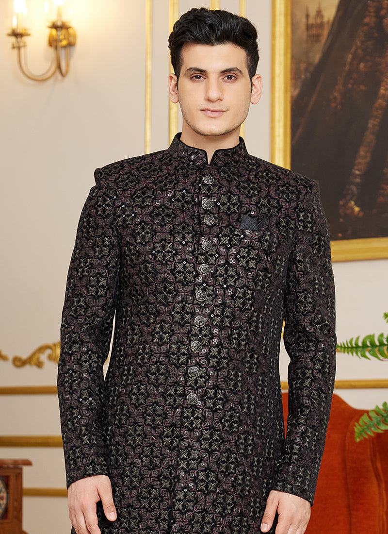 Art Silk Black Wedding Wear Thread Work Readymade Indo Western Sherwani 366874
