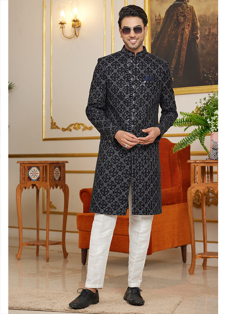 Art Silk Black Wedding Wear Thread Work Readymade Indo Western Sherwani 366875