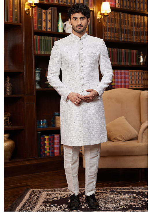 Jacquard Silk Off White Wedding Wear Hand Work Readymade Sherwani 366876