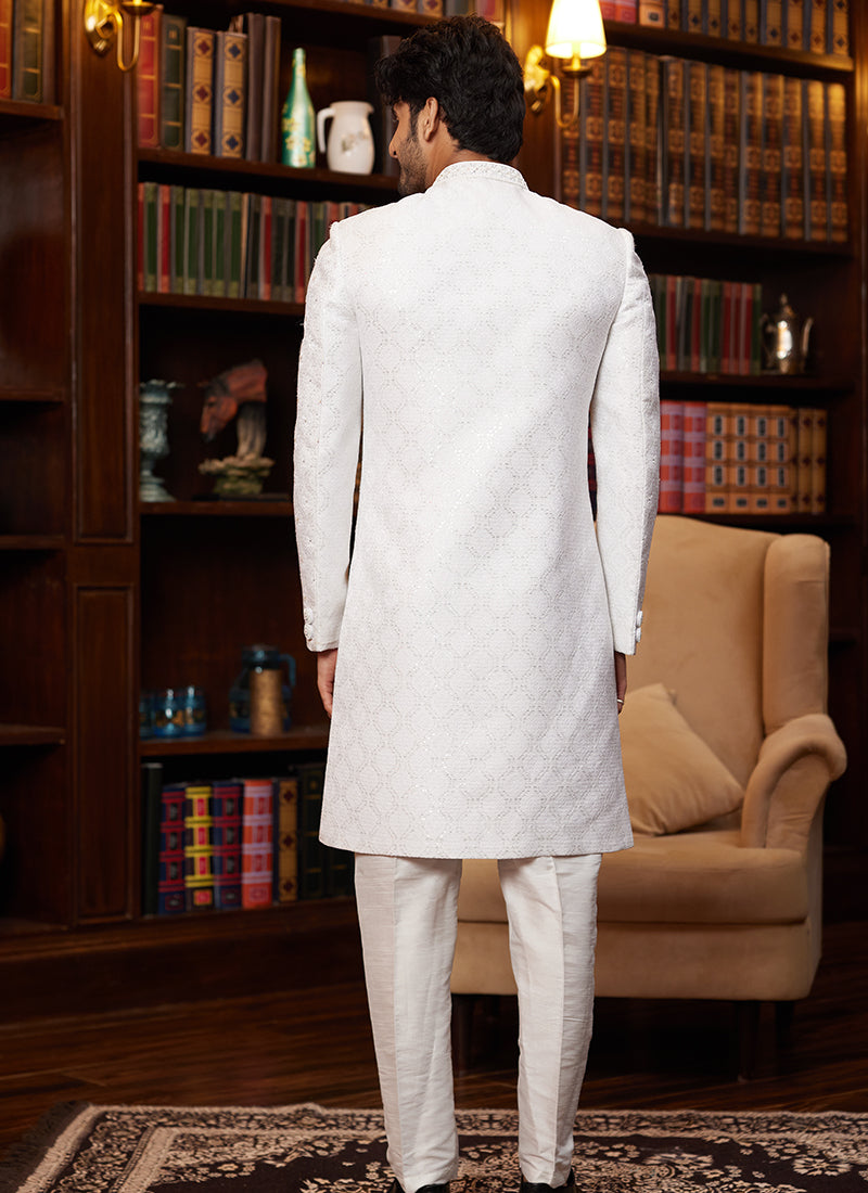 Jacquard Silk Off White Wedding Wear Hand Work Readymade Sherwani 366876