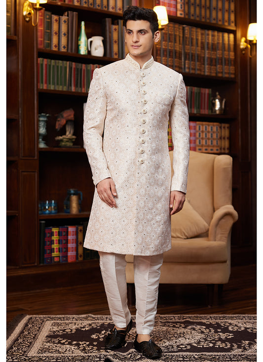 Jacquard Silk Beige Wedding Wear Hand Work Readymade Sherwani 366877