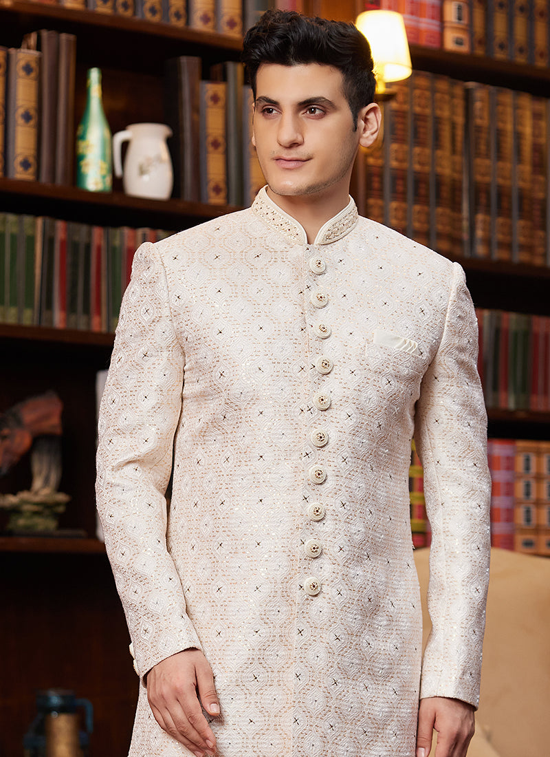 Jacquard Silk Beige Wedding Wear Hand Work Readymade Sherwani 366877
