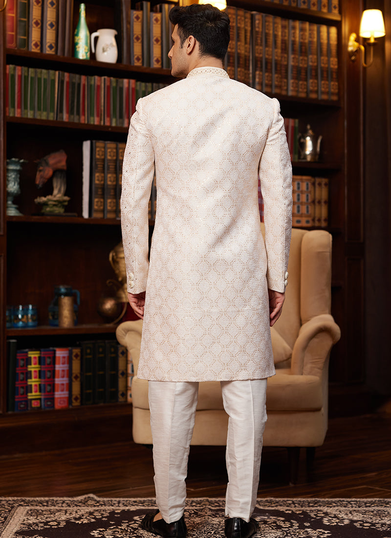 Jacquard Silk Beige Wedding Wear Hand Work Readymade Sherwani 366877