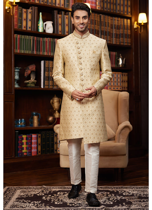 Jacquard Silk Light Golden Wedding Wear Hand Work Readymade Sherwani 366879