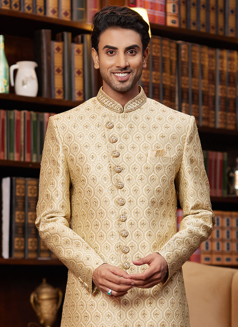 Jacquard Silk Light Golden Wedding Wear Hand Work Readymade Sherwani 366879