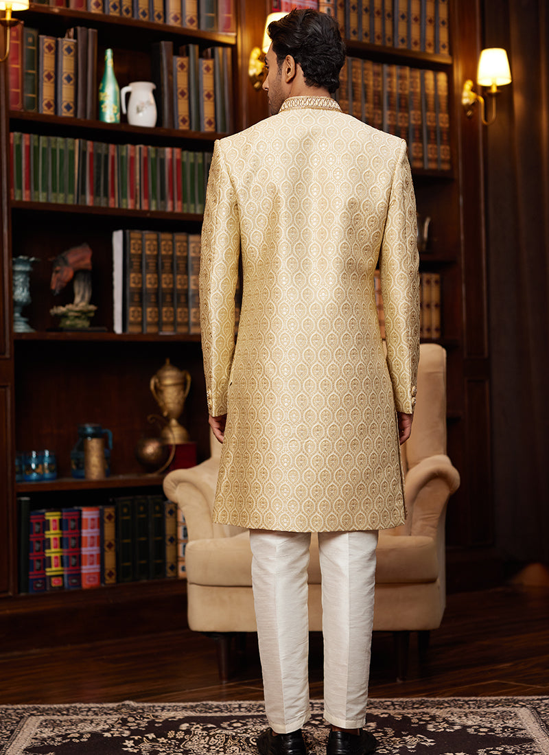 Jacquard Silk Light Golden Wedding Wear Hand Work Readymade Sherwani 366879