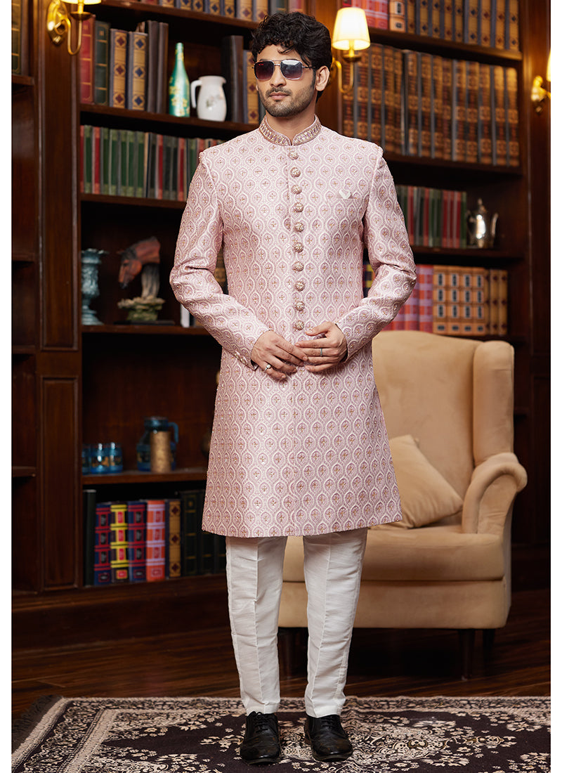 Jacquard Silk Light Pink Wedding Wear Hand Work Readymade Sherwani 366880