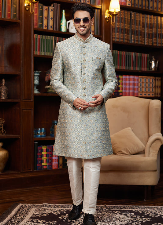 Jacquard Silk Green Wedding Wear Hand Work Readymade Sherwani 366881