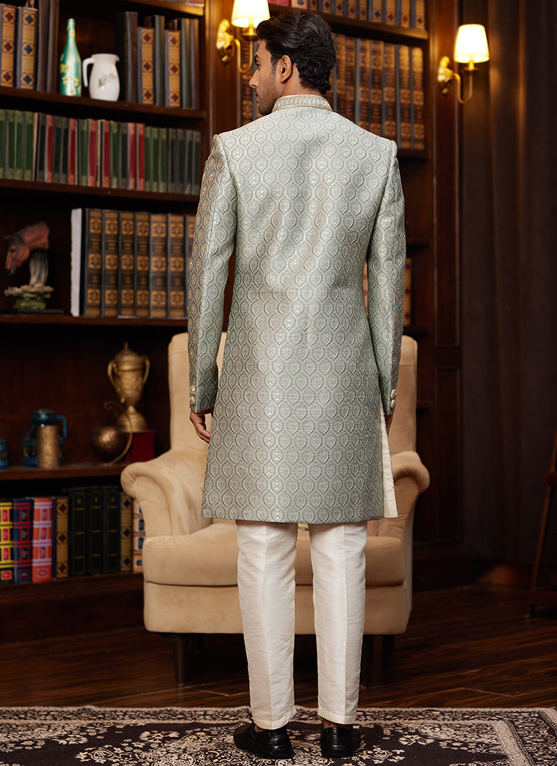 Jacquard Silk Green Wedding Wear Hand Work Readymade Sherwani 366881