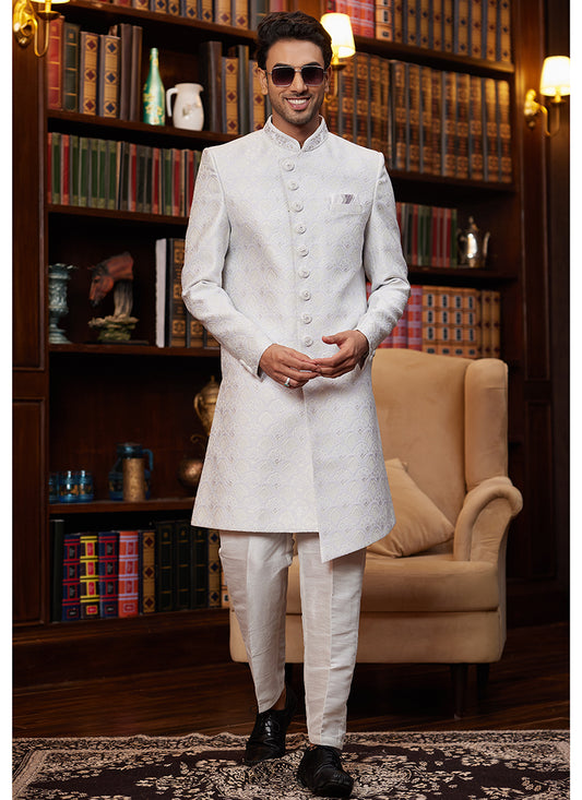 Jacquard Silk White Wedding Wear Hand Work Readymade Sherwani 366882