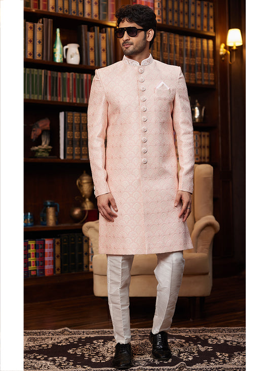 Jacquard Silk Peach Wedding Wear Hand Work Readymade Sherwani 366883