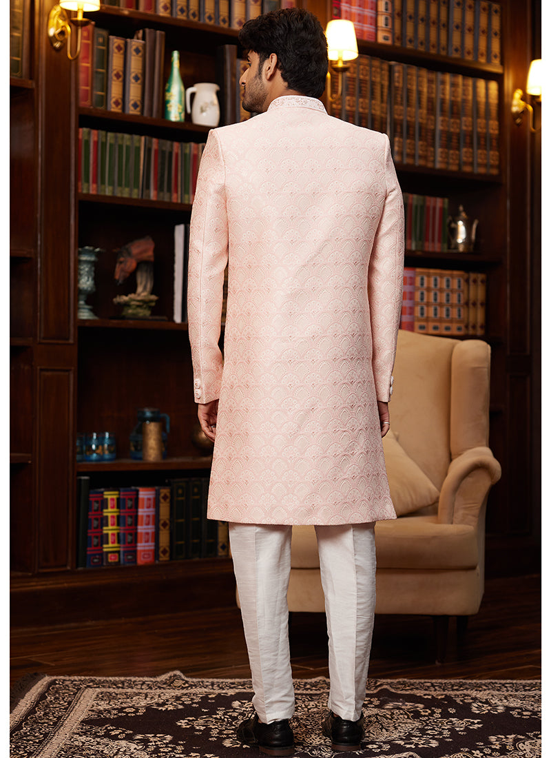 Jacquard Silk Peach Wedding Wear Hand Work Readymade Sherwani 366883