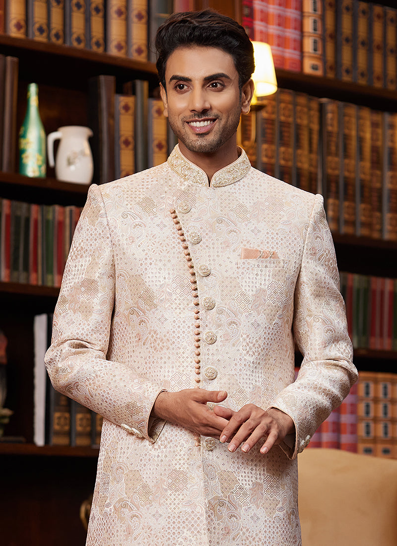 Jacquard Silk Peach Wedding Wear Hand Work Readymade Sherwani 366885