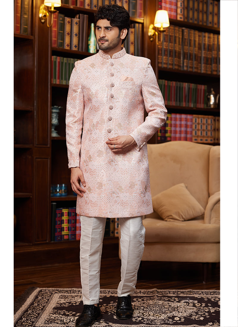 Jacquard Silk Light Pink Wedding Wear Hand Work Readymade Sherwani 366886