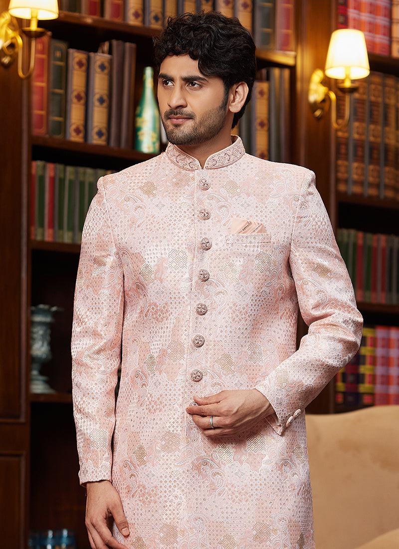 Jacquard Silk Light Pink Wedding Wear Hand Work Readymade Sherwani 366886