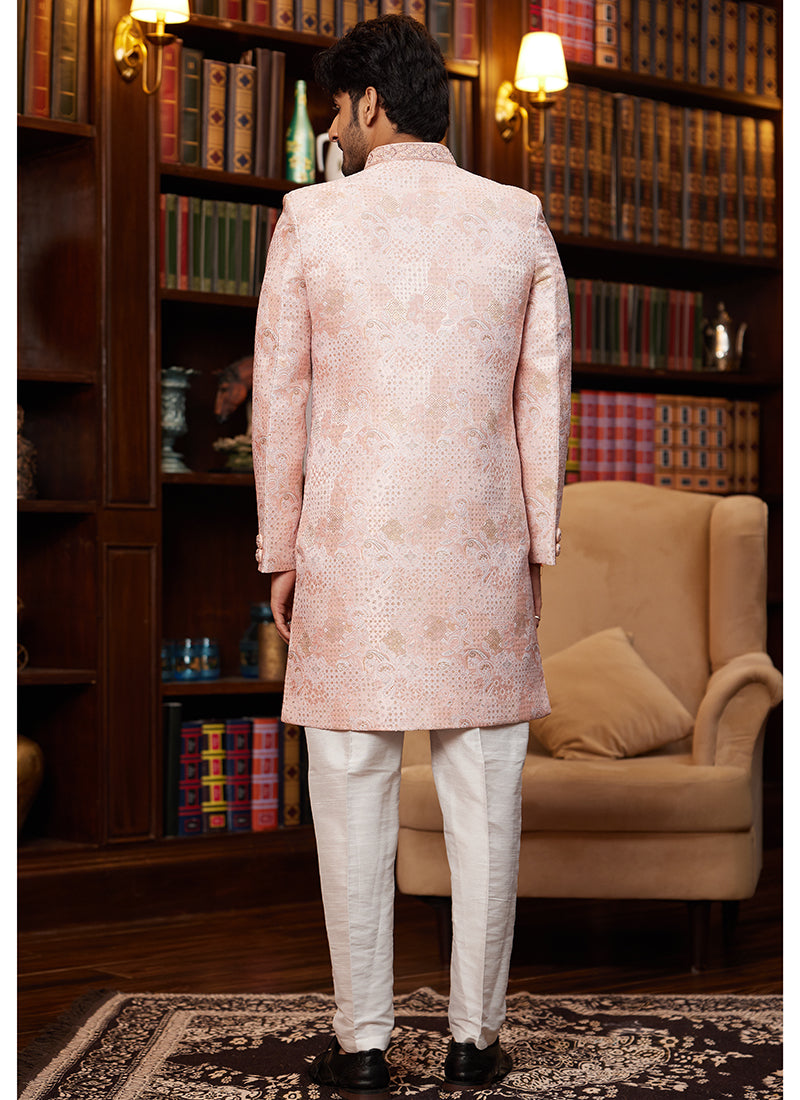 Jacquard Silk Light Pink Wedding Wear Hand Work Readymade Sherwani 366886