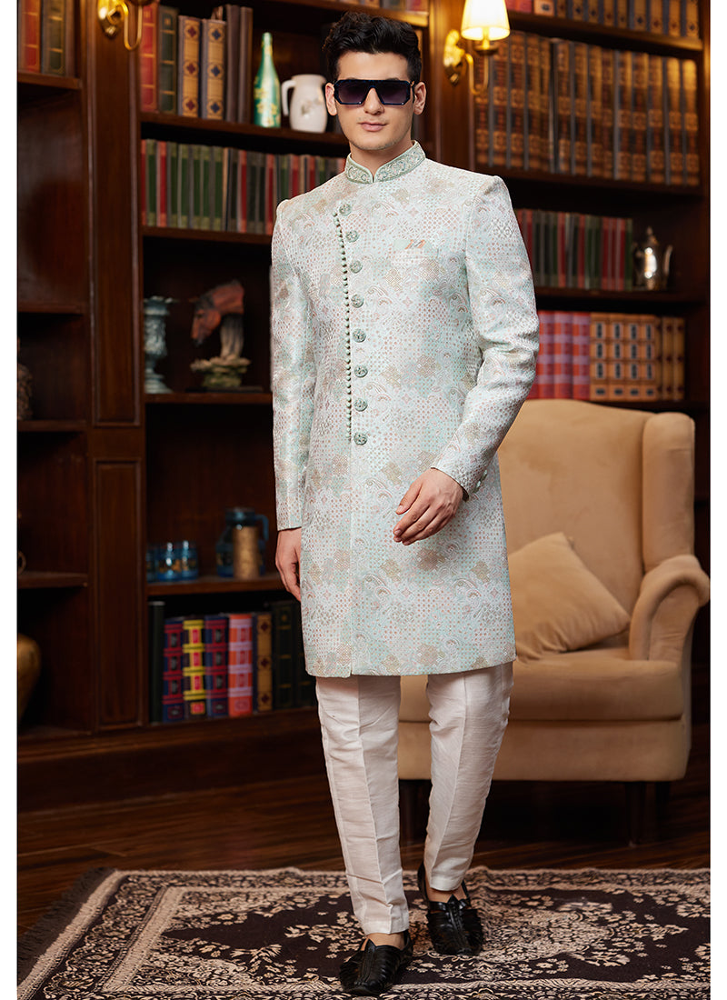 Jacquard Silk Light Sky Blue Wedding Wear Hand Work Readymade Sherwani 366887